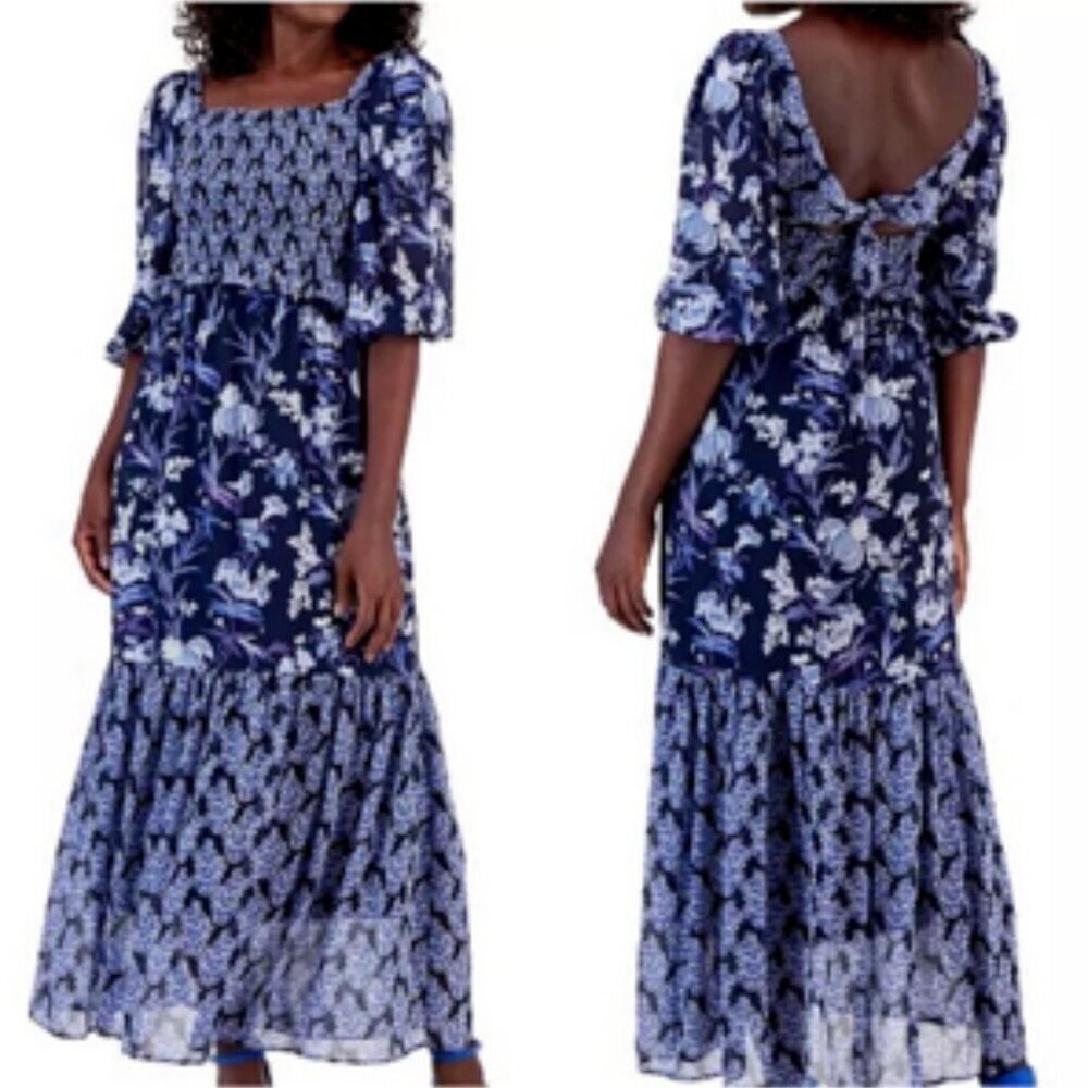 Taylor Floral Tiered Maxi Dress Smocked Tie Back Flowy Blue & White NWT 6P - Picture 9 of 9